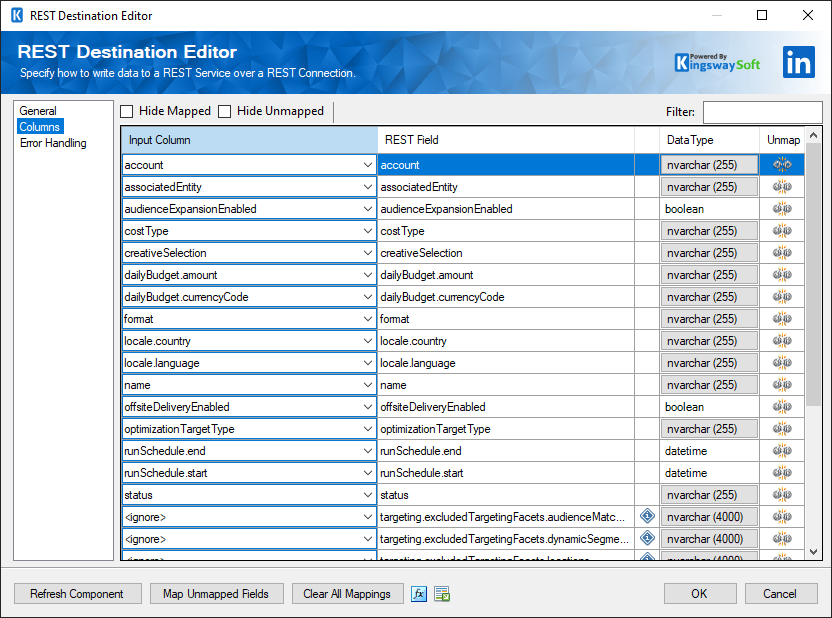 SSIS REST LinkedIn Business Destination - Columns